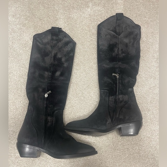 FREE PEOPLE Rue Knee High Suede Slouch Western Black Tall Boots Size  EU37 US7 - Picture 4 of 9
